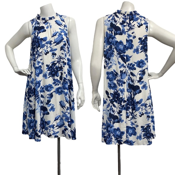 Adrienne Vittadini Size 8 Trapeze A-Line Dress Blue Floral Lined Knee Length - Picture 1 of 7